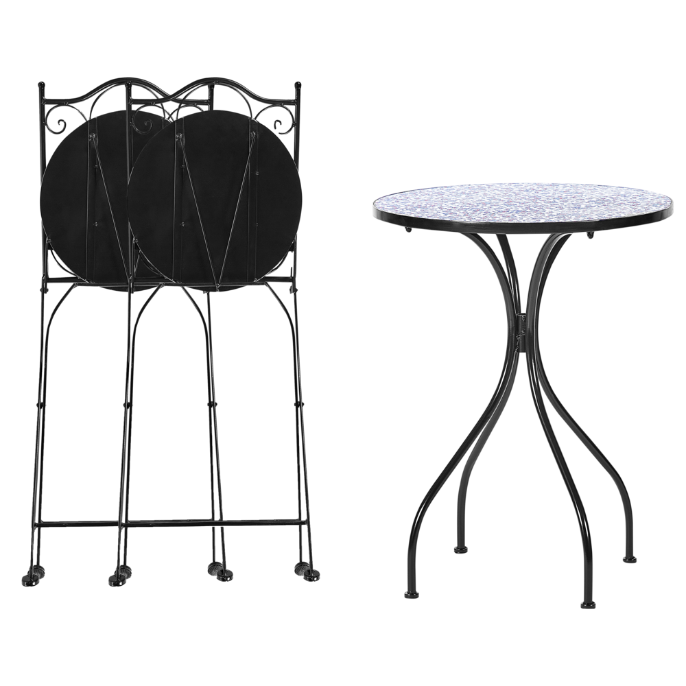 Set da bistrot da giardino in metallo nero con motivo a mosaico blu e telaio in ferro stile vintage