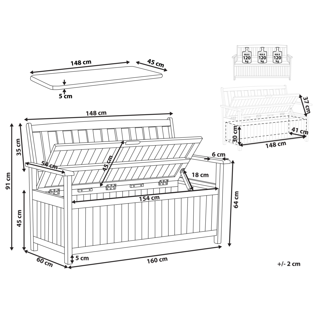 Panchina per esterni con contenitore in legno massiccio di acacia a 3 posti 160 cm con cuscino color rosso