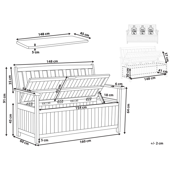 Panchina per esterni con contenitore in legno massiccio di acacia a 3 posti 160 cm con cuscino color rosso