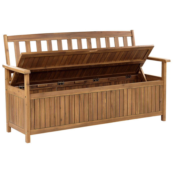 Panchina per esterni con contenitore in legno massiccio di acacia a 3 posti 160 cm con cuscino color rosso