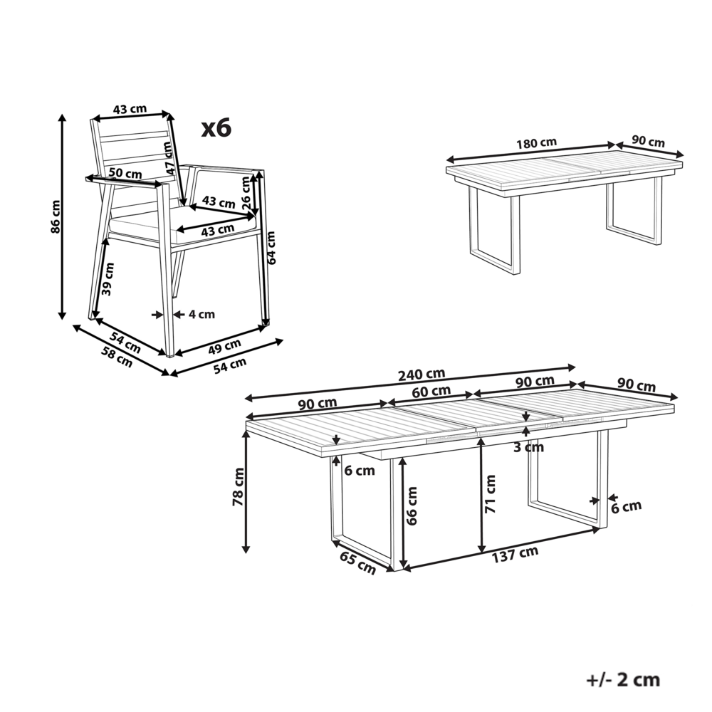 Set da pranzo metallo bianco con cuscini di seduta in alluminio 6 sedie