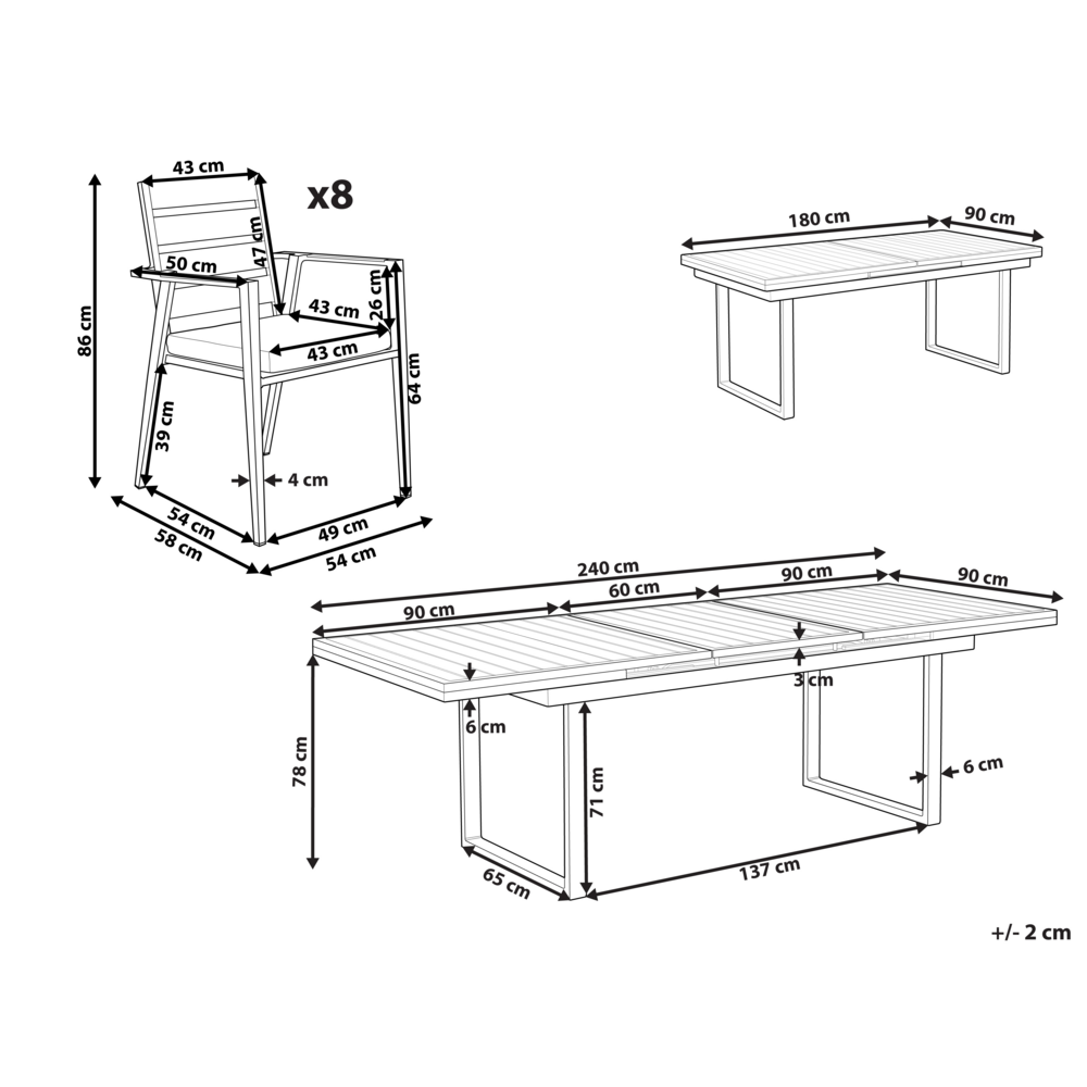 Set da pranzo metallo bianco con cuscini di seduta in alluminio 8 sedie