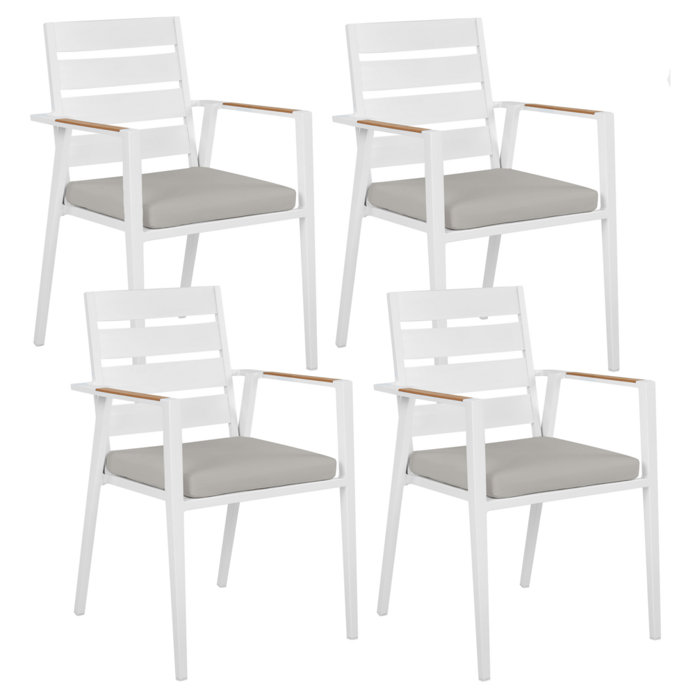 Set di 4 sedie da pranzo da giardino Struttura in alluminio bianco con cuscini di seduta grigi Schienale a doghe Design moderno