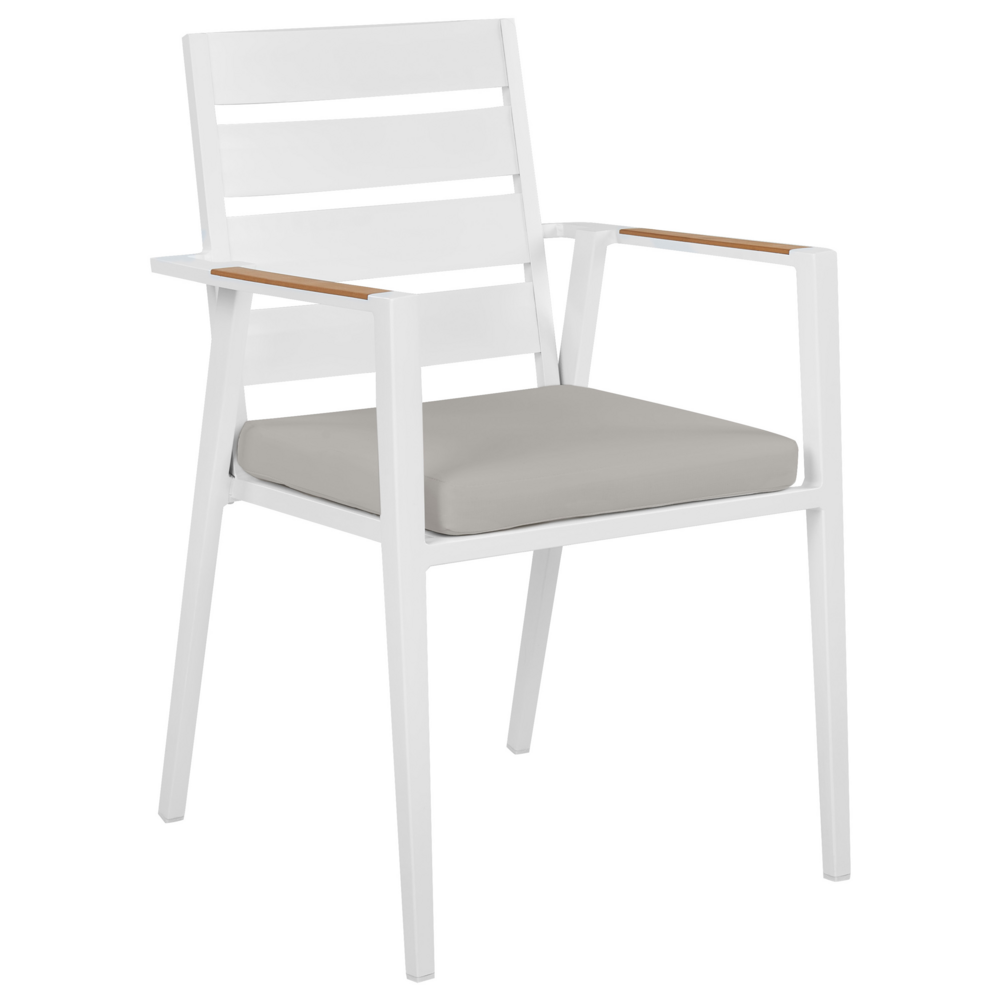 Set di 4 sedie da pranzo da giardino Struttura in alluminio bianco con cuscini di seduta grigi Schienale a doghe Design moderno