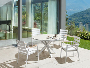 Tavolo da giardino in alluminio con gambe in alluminio e piano in vetro ceramico bianco stile moderno