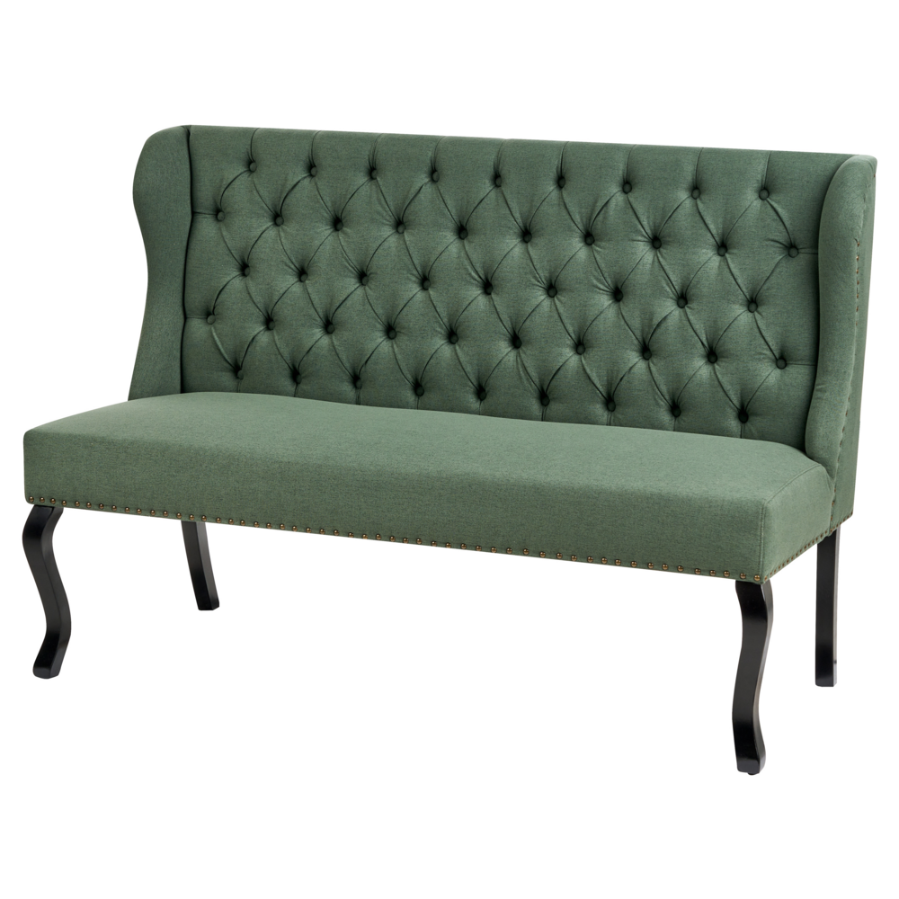 Divano da cucina a 2 posti con schienale in tessuto in poliestere verde con gambe nere stile vintage