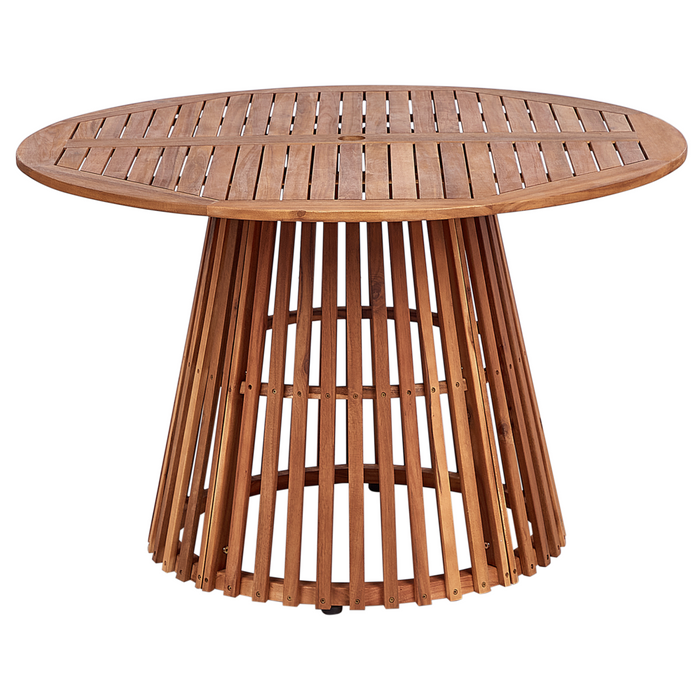 Tavolo da pranzo da giardino in legno chiaro di acacia piano rotondo 120 cm design a doghe per interni esterni