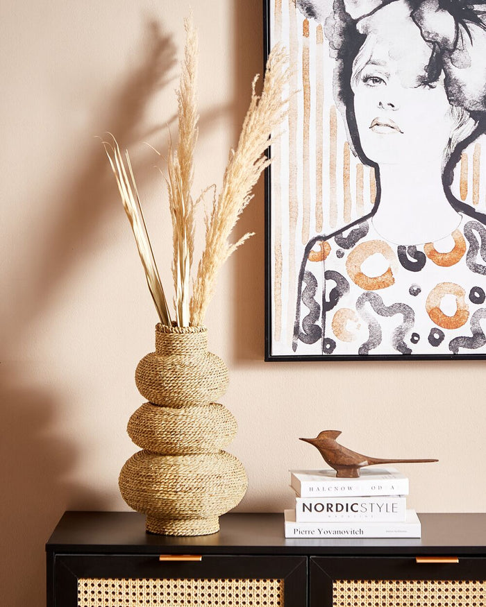 Vaso decorativo per fiori artificiali in corda d' alga naturale fatto a mano