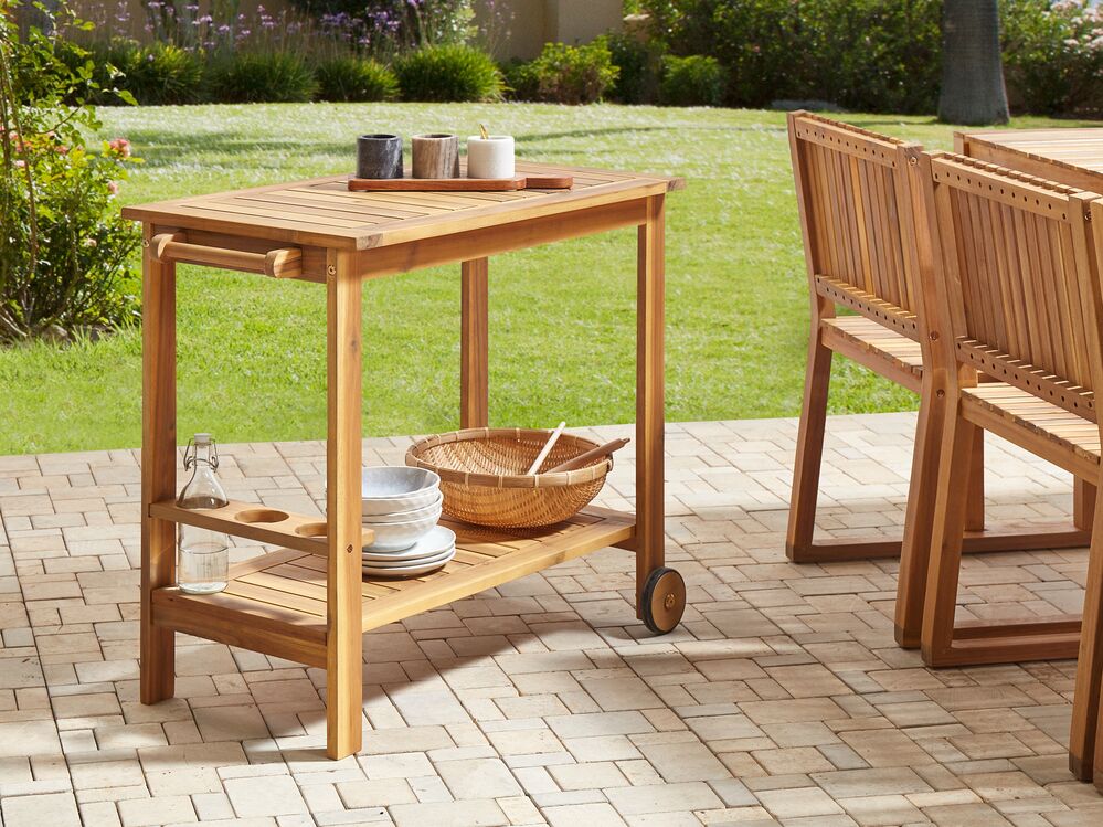 Carrello porta bevande da giardino su ruote in legno d'acacia certificato 47 x 90 x 74 cm a 2 piani con ruote con portabottiglie
