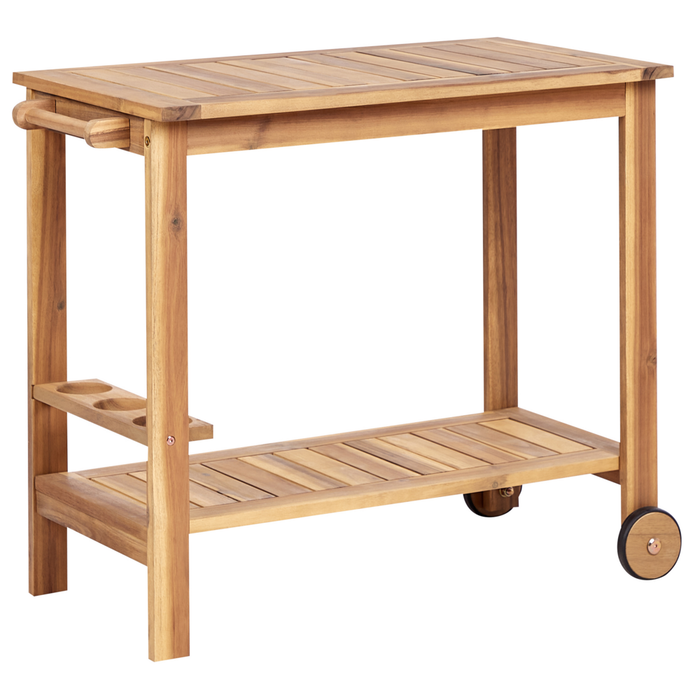 Carrello porta bevande da giardino su ruote in legno d'acacia certificato 47 x 90 x 74 cm a 2 piani con ruote con portabottiglie