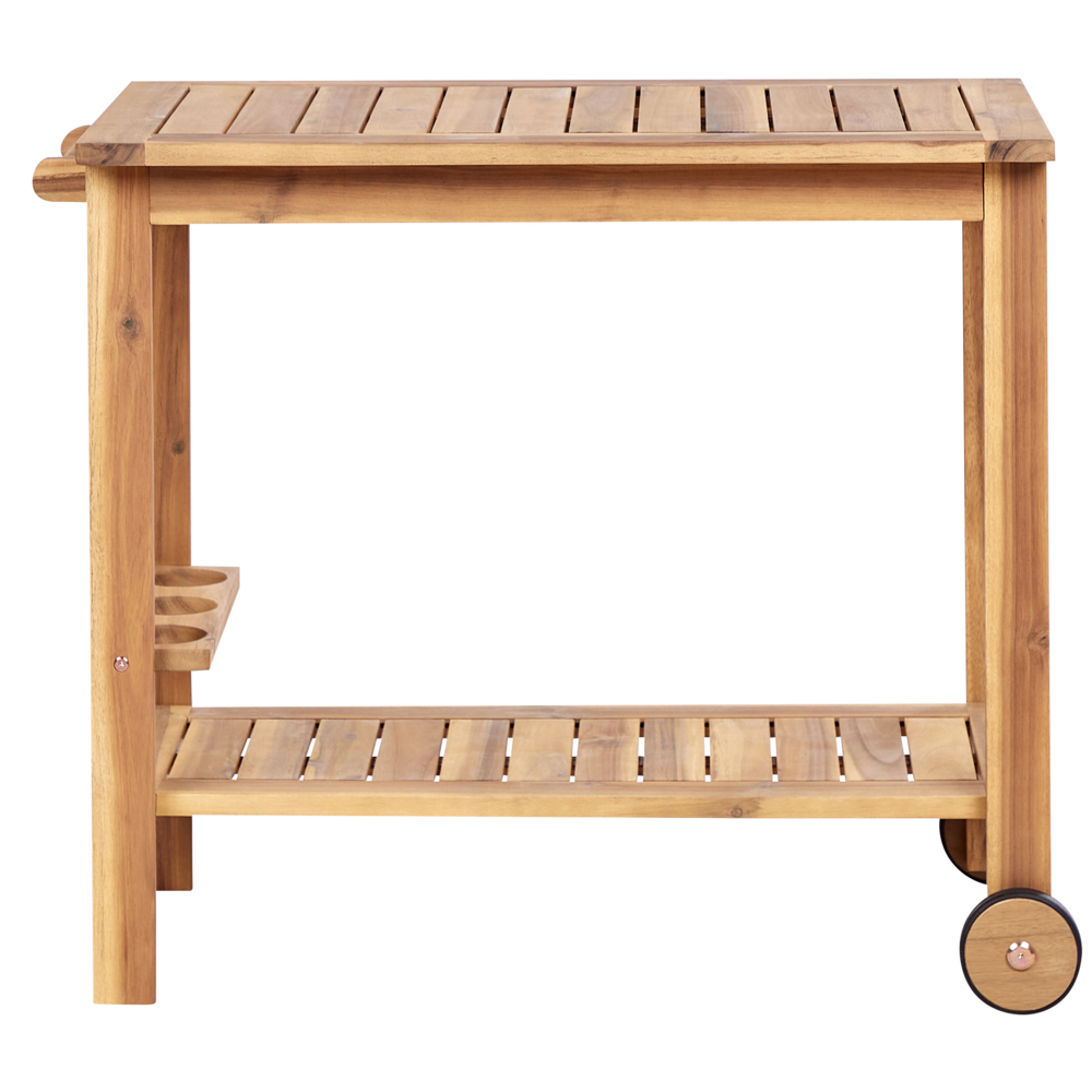 Carrello porta bevande da giardino su ruote in legno d'acacia certificato 47 x 90 x 74 cm a 2 piani con ruote con portabottiglie