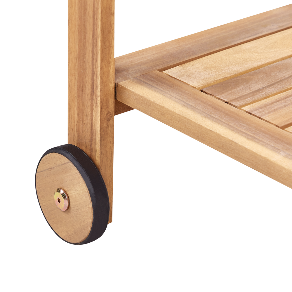 Carrello porta bevande da giardino su ruote in legno d'acacia certificato 47 x 90 x 74 cm a 2 piani con ruote con portabottiglie