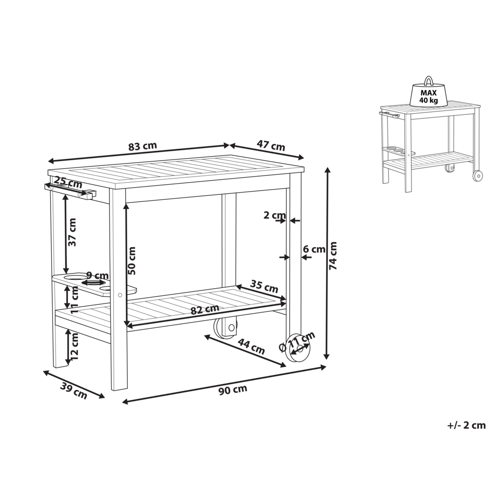 Carrello porta bevande da giardino su ruote in legno d'acacia certificato 47 x 90 x 74 cm a 2 piani con ruote con portabottiglie