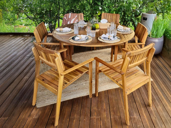 Set da pranzo da giardino 7 pezzi Tavolo rotondo in legno di acacia 6 sedie da esterno