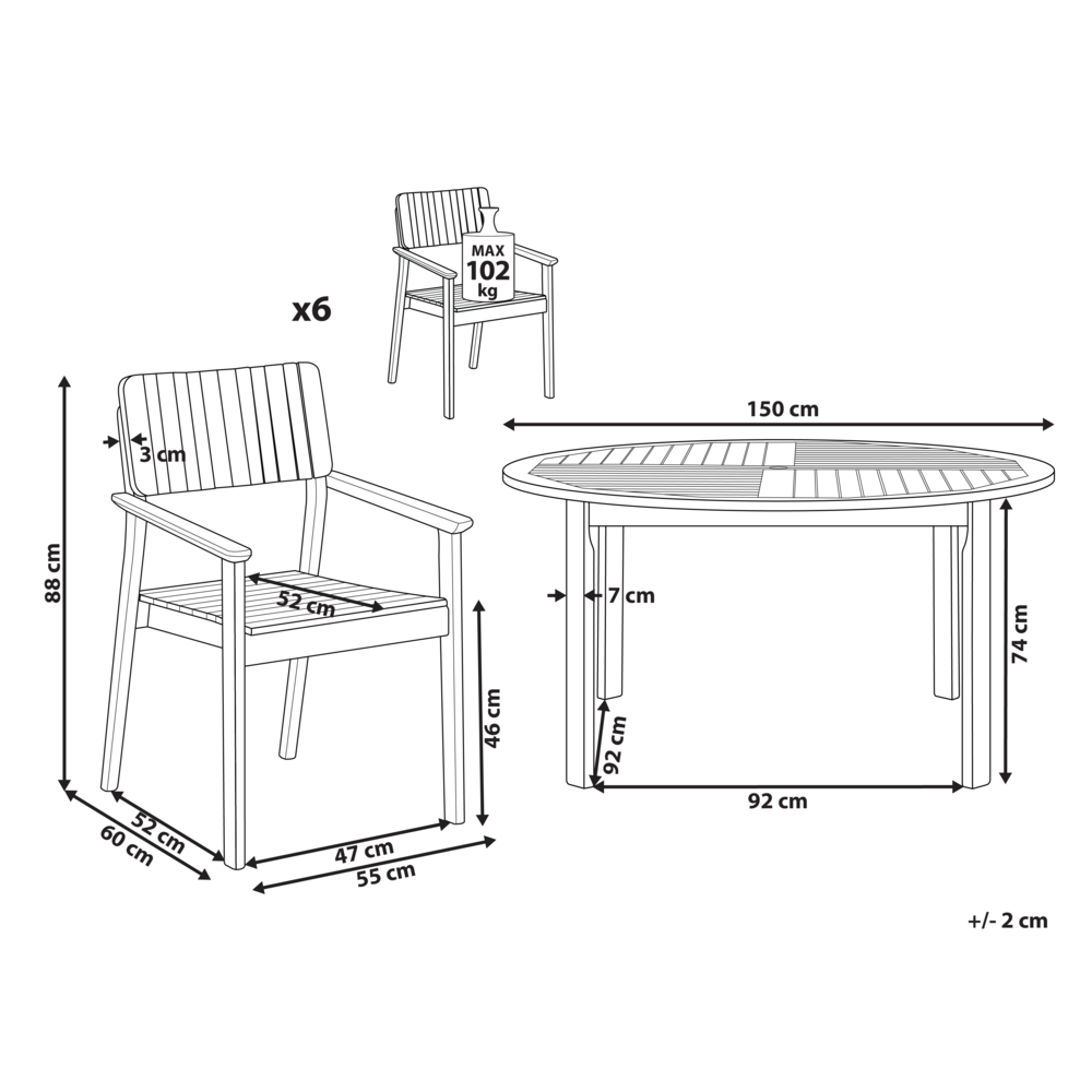 Set da pranzo da giardino 7 pezzi Tavolo rotondo in legno di acacia 6 sedie da esterno
