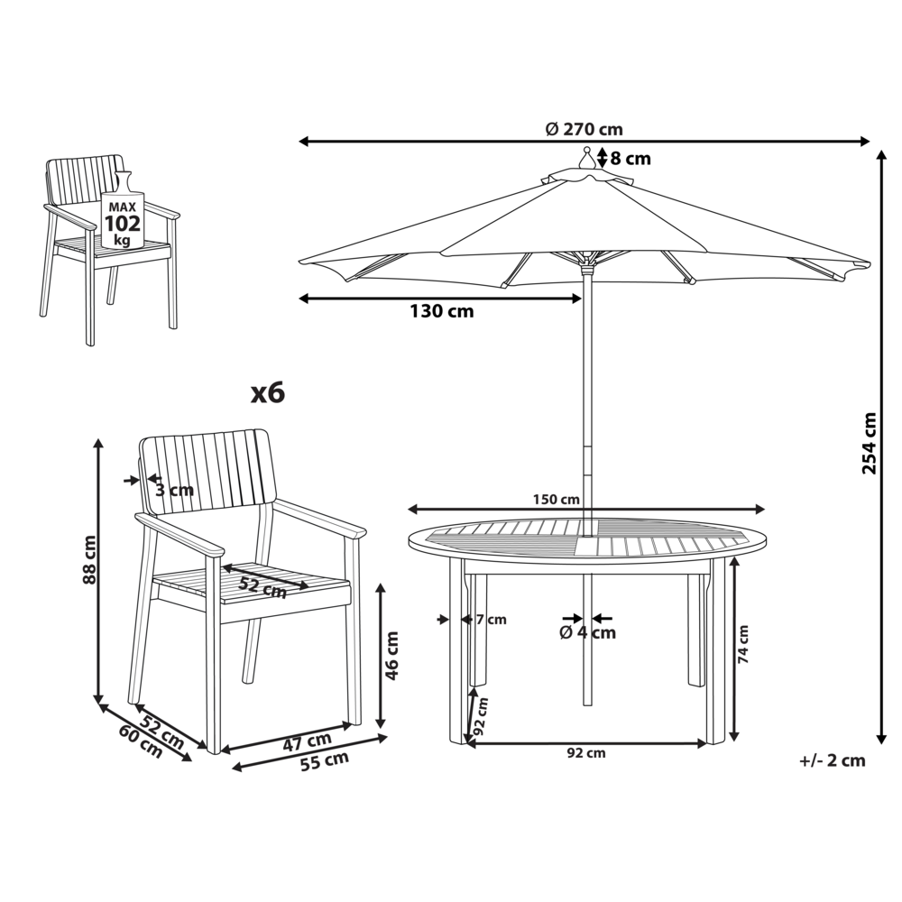 Set da pranzo da giardino Tavolo rotondo in legno di acacia 6 sedie Ombrellone da esterno