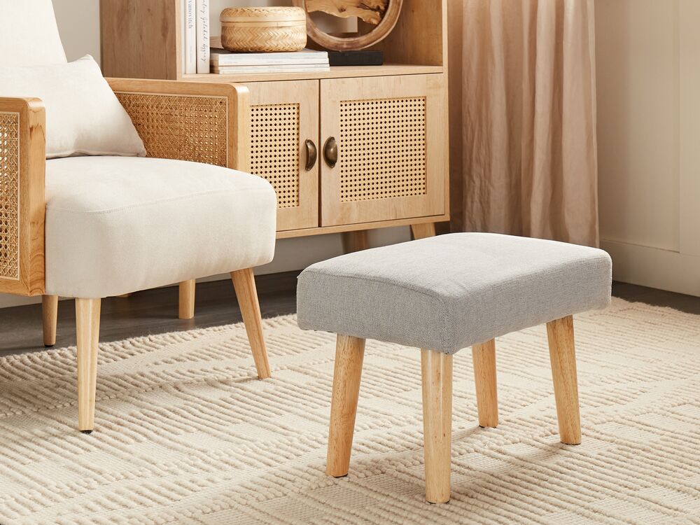 Poggiapiedi in poliestere grigio chiaro con gambe in legno Camera da letto Soggiorno Accessori per sedersi