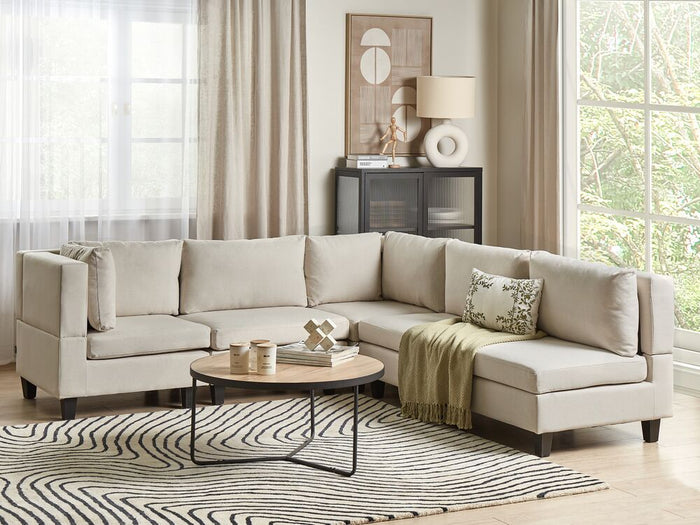 Divano moderno modulare a 5 posti imbottito in tessuto poliestere con schienale imbottito a forma di U beige chiaro lato destro soggiorno