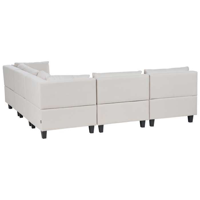 Divano componibile a 5 posti imbottito in tessuto beige chiaro gambe nere lato sinistro con ottomana stile moderno