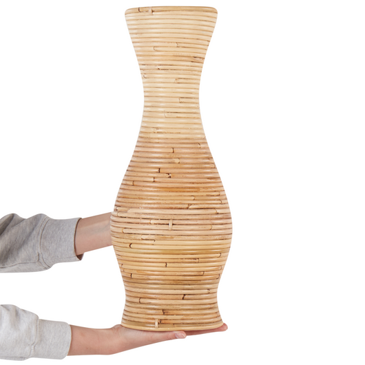 Vaso decorativo in rattan naturale da 50 cm in stile rustico bohémien.