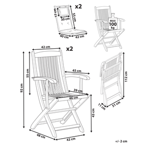 Set di 2 sedie da pranzo da giardino Legno chiaro con cuscino grigio Struttura in legno di acacia Design rustico pieghevole