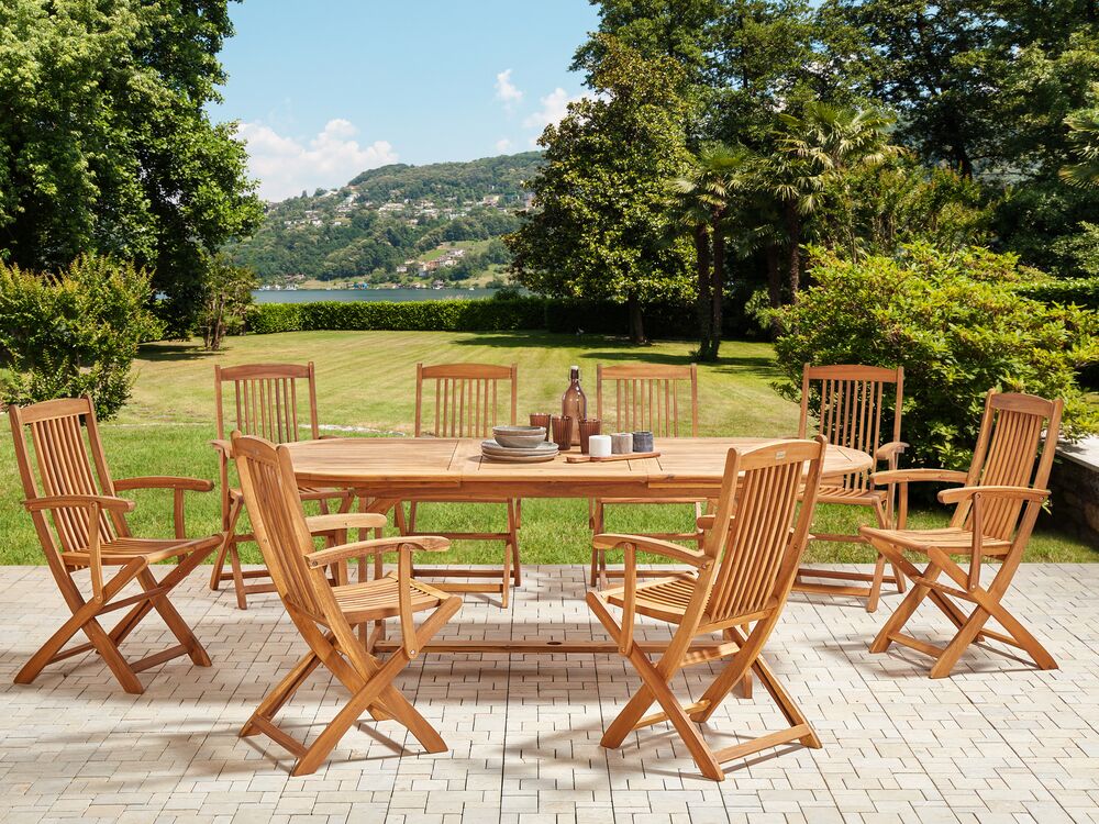 Set da pranzo per esterni in legno di acacia chiaro tavolo da 8 posti sedie pieghevoli design rustico