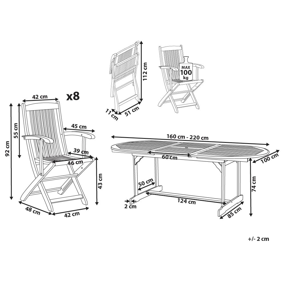 Set da pranzo per esterni in legno di acacia chiaro tavolo da 8 posti sedie pieghevoli design rustico