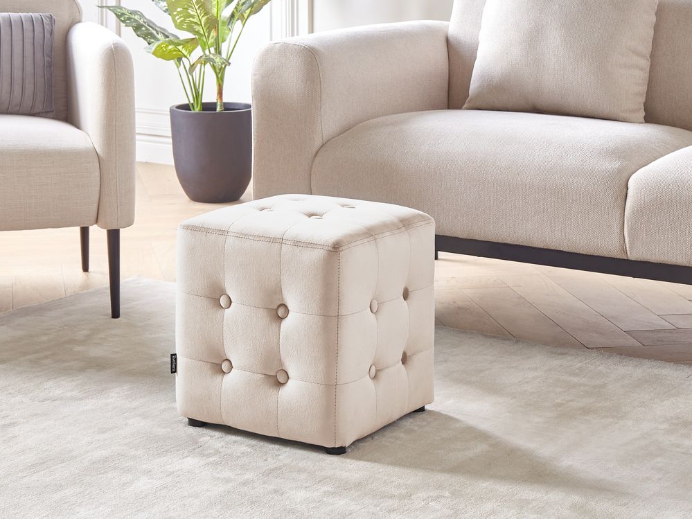 Pouf a forma di Cubo in velluto beige chiaro con bottoni tappezzeria trapuntata