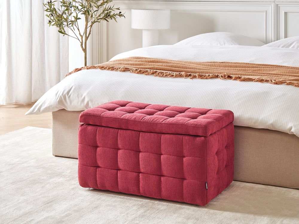 Pouf contenitore in tessuto rosso con coperchio trapuntato camera da letto