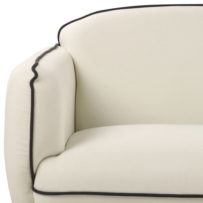 Divano a 3 posti con ottomana Tessuto beige chiaro Morbide gambe in metallo nodoso Bordi decorativi neri Stile arte decorativa retro glam