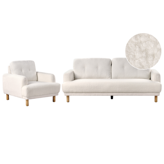 Set da salotto composto da divano a 3 posti e poltrona gambe in legno seduta spessa con rivestimento in bouclé bianco soggiorno retrò classico