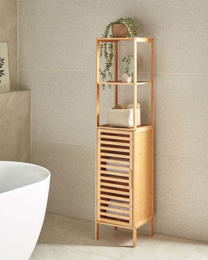 Armadietto da bagno in legno chiaro di bambù con ripiani e porta Minimalista