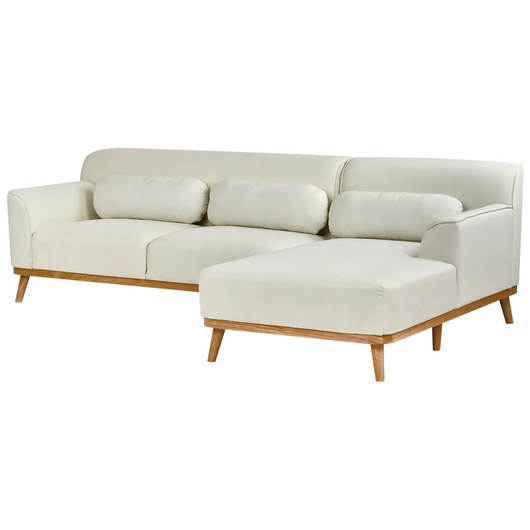 Divano angolare 3 posti sinistro imbottito in tessuto bianco sporco con funzione di dormiente e schienale imbottito estraibile Gambe in legno