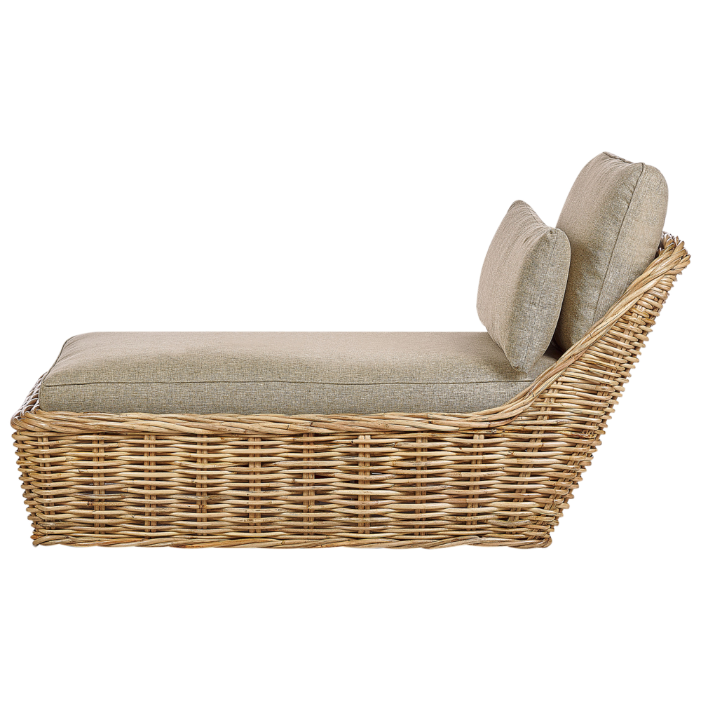 Lettino da giardino in rattan naturale per esterni 3 cuscini marrone e grigio stile tradizionale e boho