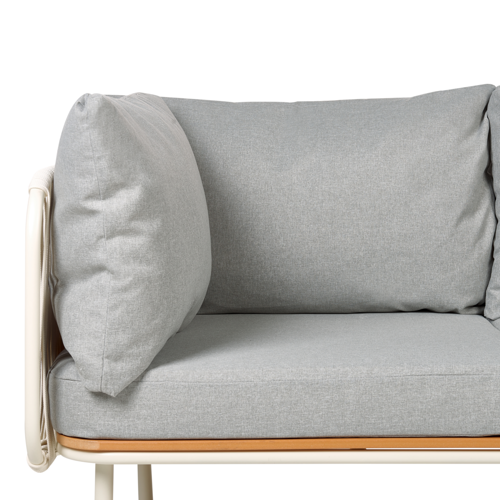 Divano da giardino a 3 posti con struttura in metallo e schienale in corda con cuscini grigio stile elegante