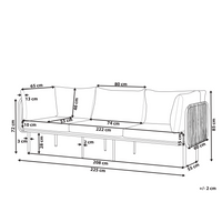Divano da giardino a 3 posti con struttura in metallo e schienale in corda con cuscini grigio stile elegante