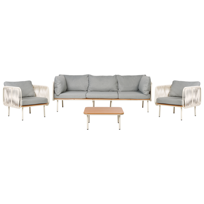 Set divano da giardino con ottomana con struttura in metallo e schienale in corda con cuscini grigio stile elegante