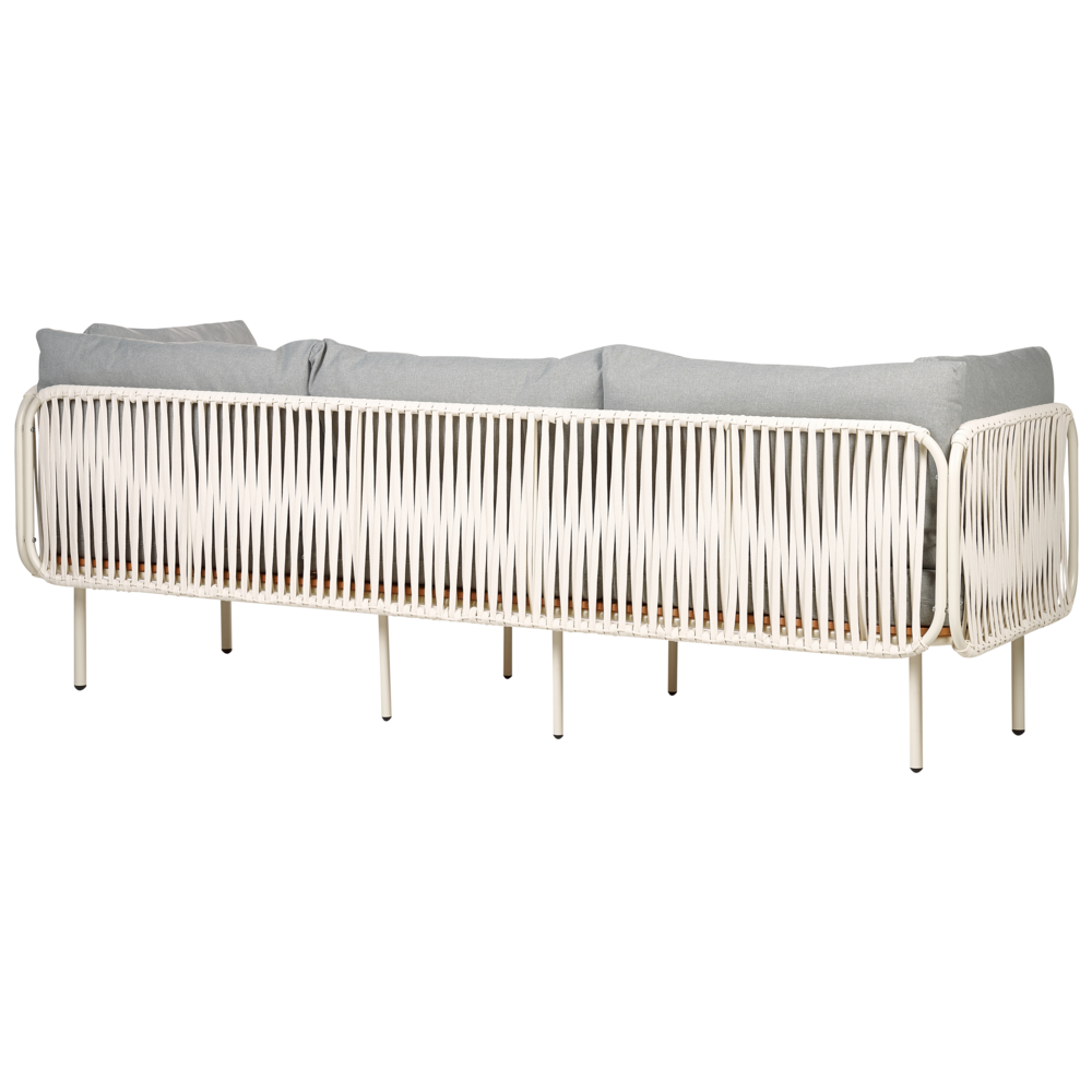 Set divano da giardino con ottomana con struttura in metallo e schienale in corda con cuscini grigio stile elegante