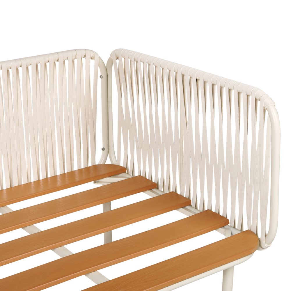 Set divano da giardino con ottomana con struttura in metallo e schienale in corda con cuscini grigio stile elegante