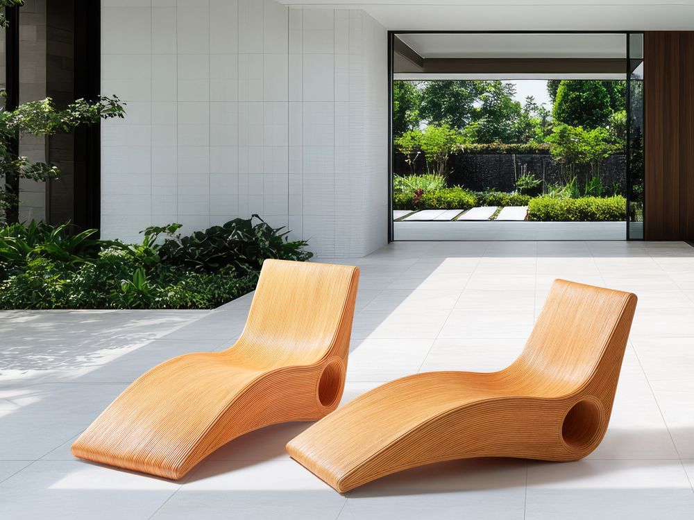 Lettino prendisole in legno chiaro Rattan Design a doghe Forma curva Lettino da giardino