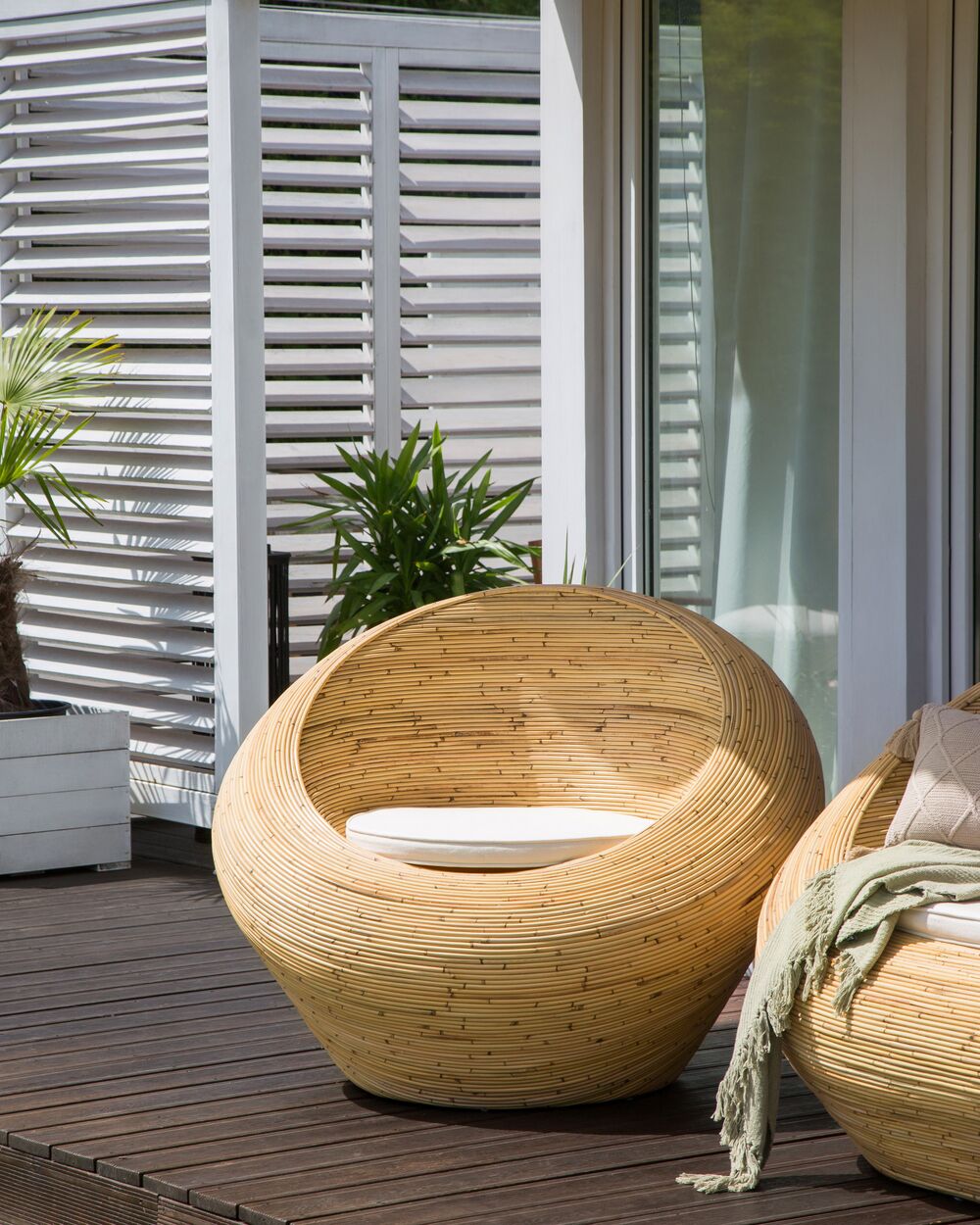Poltrona da giardino in rattan naturale con cuscino di seduta Beige Stile Boho per interni esterni
