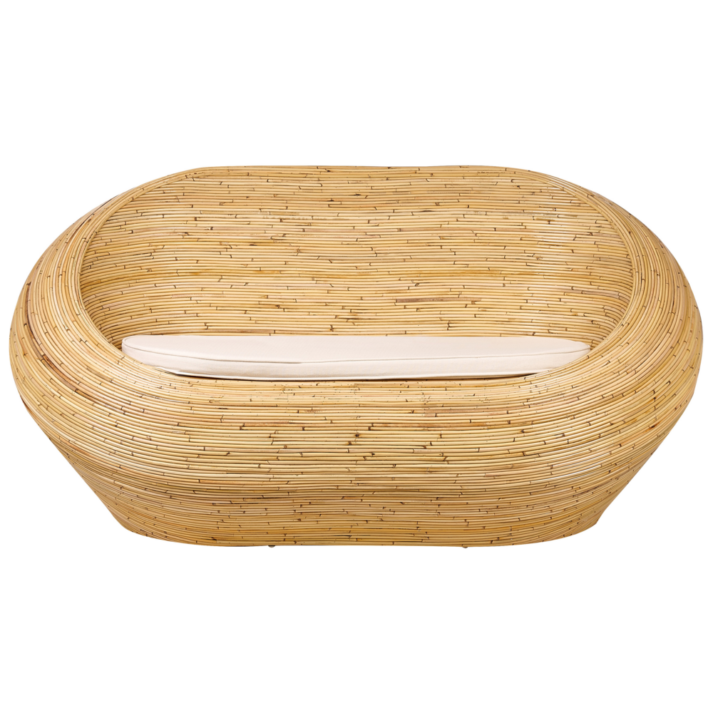 Divano da giardino in rattan naturale con cuscino di seduta beige a 2 posti per interni e per esterni in stile bohémien