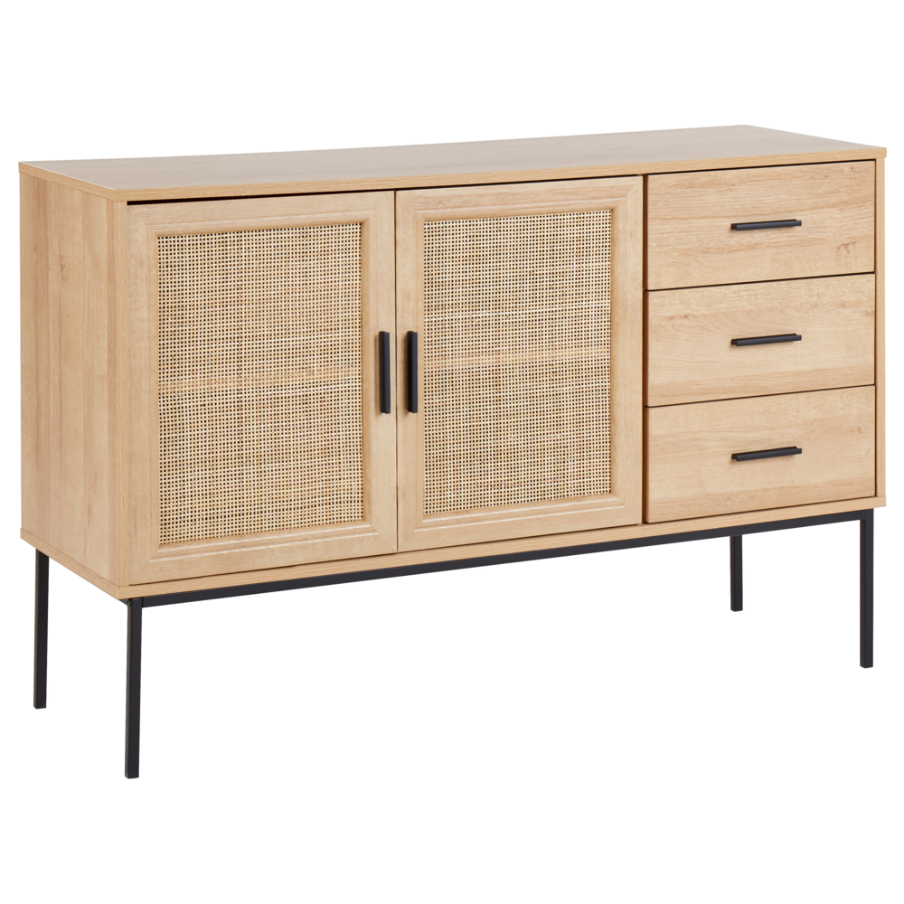 Cassettiera in rattan con tre cassetti e due sportelli con frontale in vimini legno chiaro stile moderno e classico