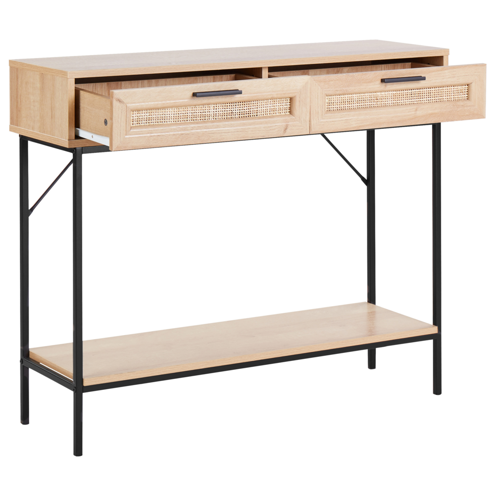 Tavolo consolle con 2 cassetti e con Scaffale in rattan legno chiaro design tradizionale