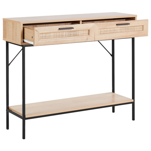 Tavolo consolle con 2 cassetti e con Scaffale in rattan legno chiaro design tradizionale