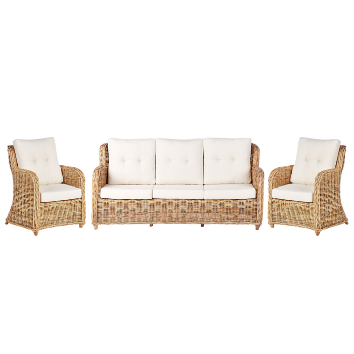 Set da giardino in rattan naturale divano a 3 posti 2 poltrone cuscini bianchi elegante chic esterno