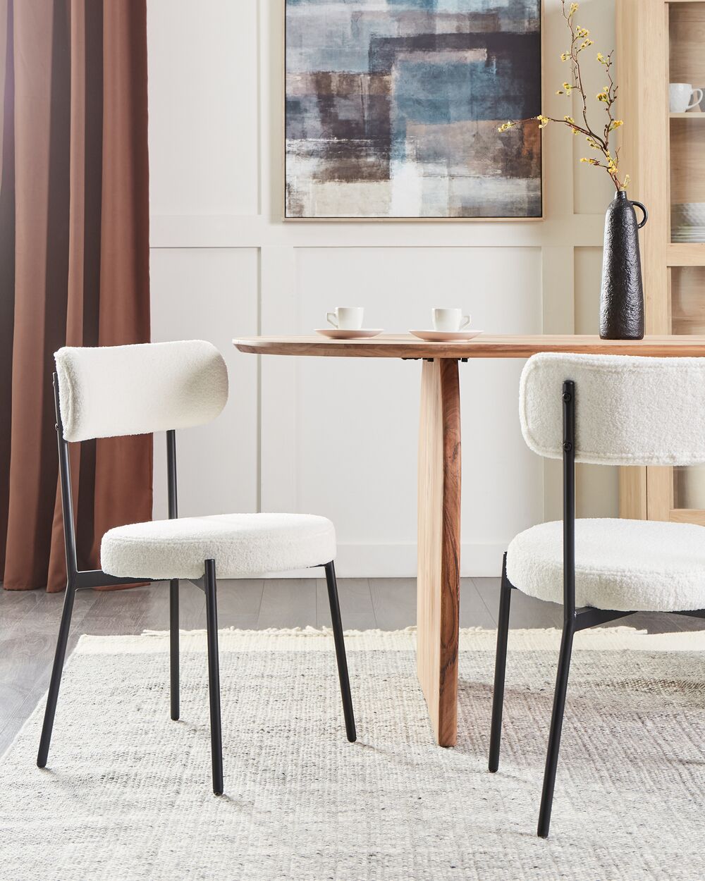 Set di 2 sedie per sala da pranzo Boucle bianco Gambe in acciaio nero Sedute per sala da pranzo di design moderno