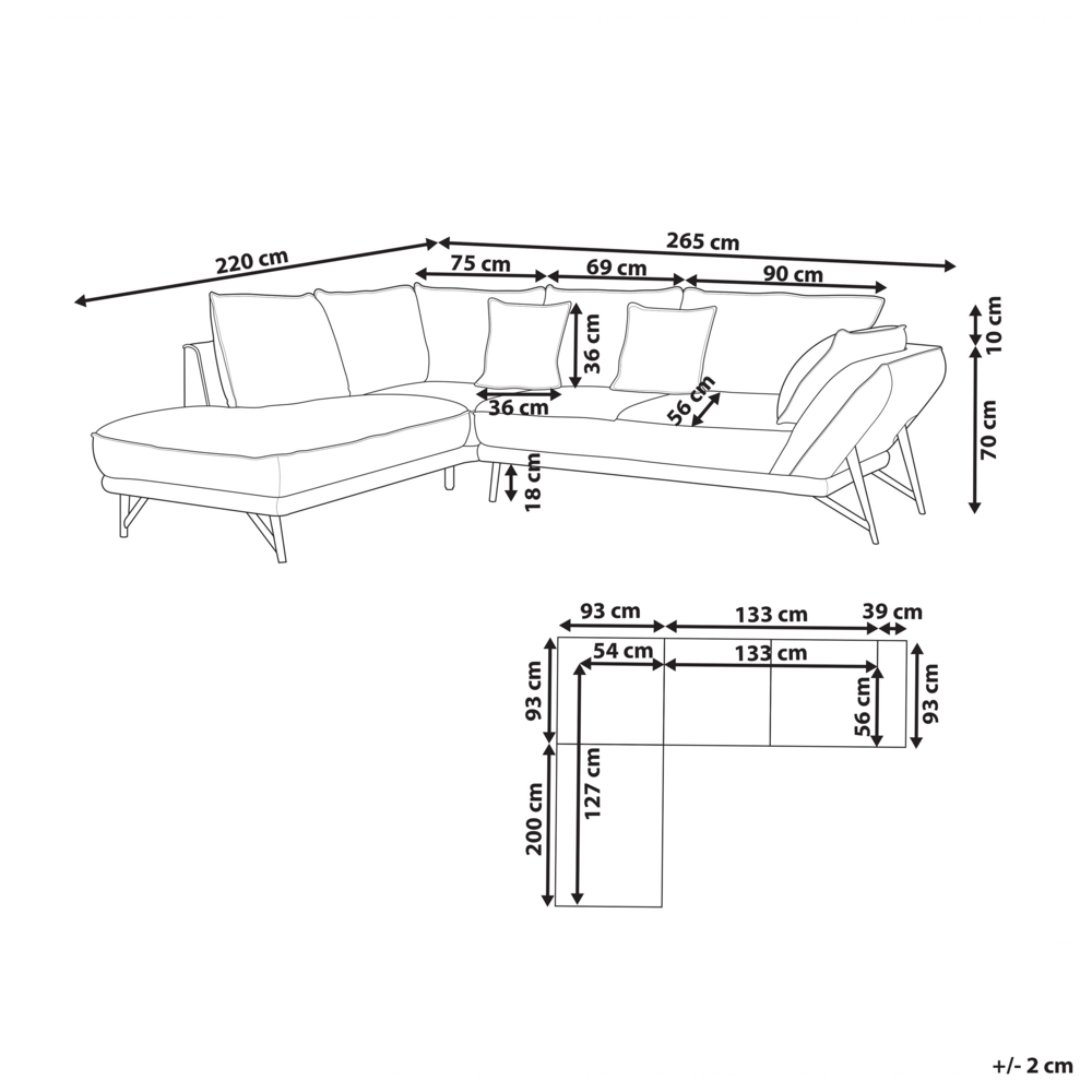 Divano 3 posti angolare imbottito in tessuto di lino grigio chiaro con gambe in metallo e 2 cuscini soggiorno elegante