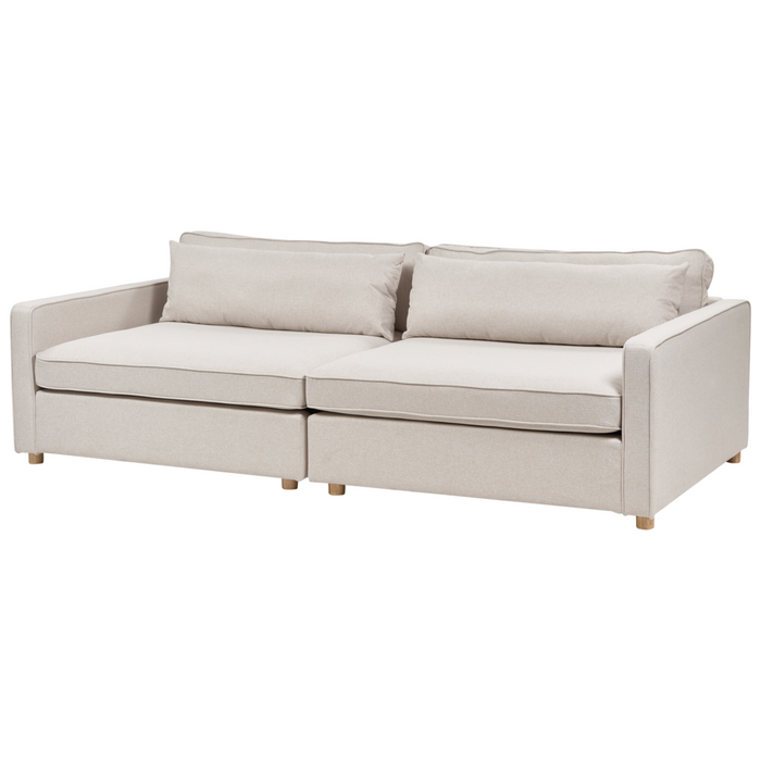 Divano in tessuto beige 3 posti con braccioli e gambe in legno stile moderno