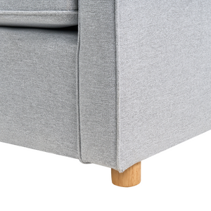 Divano in tessuto grigio 3 posti con braccioli e gambe in legno stile moderno